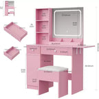 Coiffeuse avec miroir et lumières, table de maquillage avec prises de courant, tiroirs et armoire, tabouret de rangement, commode pour chambre à coucher