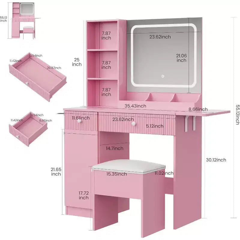 Vanity Desk with Mirror and Lights, Power Outlets Makeup Table with Drawers & Cabinet, Storage Stool, Dressing Table for Bedroom