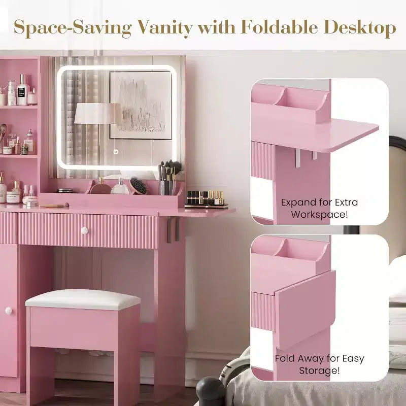 Coiffeuse avec miroir et lumières, table de maquillage avec prises de courant, tiroirs et armoire, tabouret de rangement, commode pour chambre à coucher