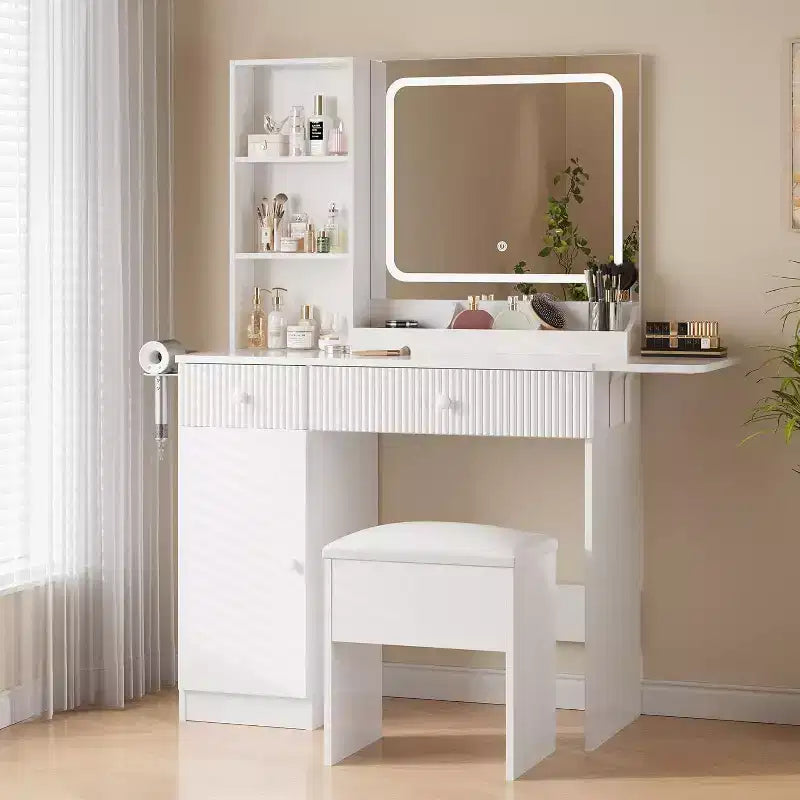 Vanity Desk with Mirror and Lights, Power Outlets Makeup Table with Drawers & Cabinet, Storage Stool, Dressing Table for Bedroom
