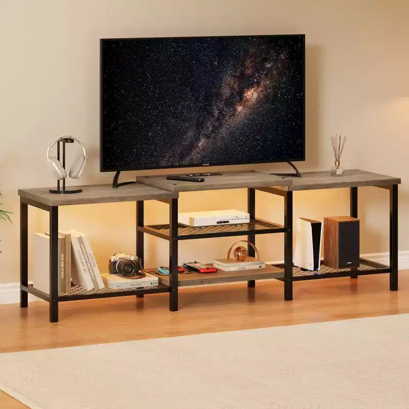 Grand meuble TV jusqu'à 75 pouces, centre de divertissement avec prise électrique et étagères de rangement ouvertes à 3 niveaux