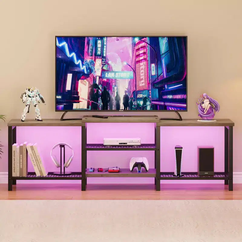 Grand meuble TV jusqu'à 75 pouces, centre de divertissement avec prise électrique et étagères de rangement ouvertes à 3 niveaux