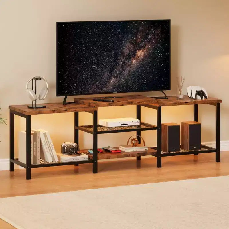 Grand meuble TV jusqu'à 75 pouces, centre de divertissement avec prise électrique et étagères de rangement ouvertes à 3 niveaux