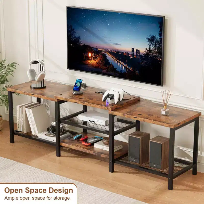 Grand meuble TV jusqu'à 75 pouces, centre de divertissement avec prise électrique et étagères de rangement ouvertes à 3 niveaux
