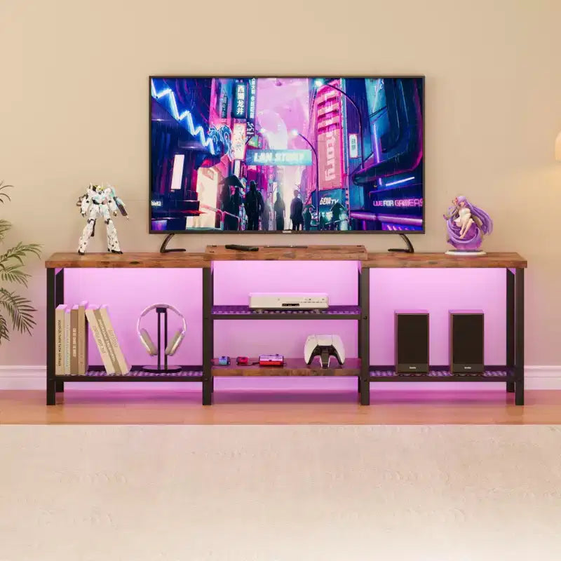 Grand meuble TV jusqu'à 75 pouces, centre de divertissement avec prise électrique et étagères de rangement ouvertes à 3 niveaux