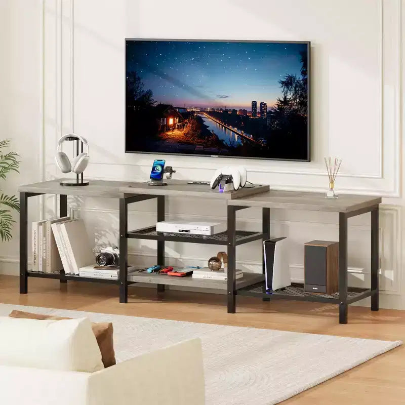 Grand meuble TV jusqu'à 75 pouces, centre de divertissement avec prise électrique et étagères de rangement ouvertes à 3 niveaux