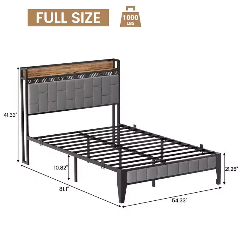Cadre de lit avec tête de lit de rangement, cadre de lit plateforme LED avec station de recharge, pas besoin de sommier tapissier, assemblage facile, gris
