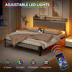 Cadre de lit avec tête de lit de rangement, cadre de lit plateforme LED avec station de recharge, pas besoin de sommier tapissier, assemblage facile, gris