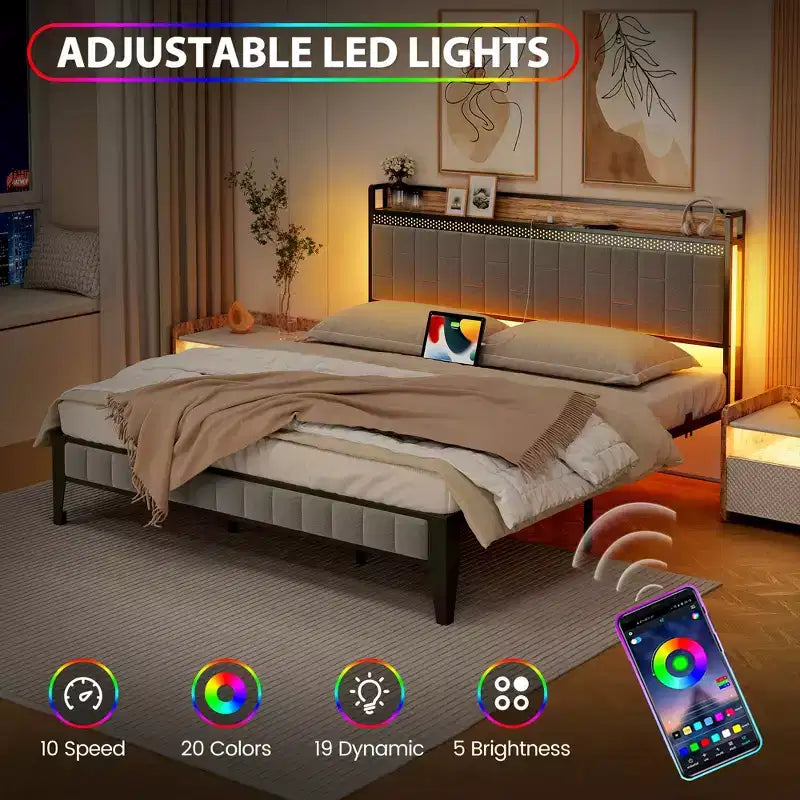 Cadre de lit avec tête de lit de rangement, cadre de lit plateforme LED avec station de recharge, pas besoin de sommier tapissier, assemblage facile, gris