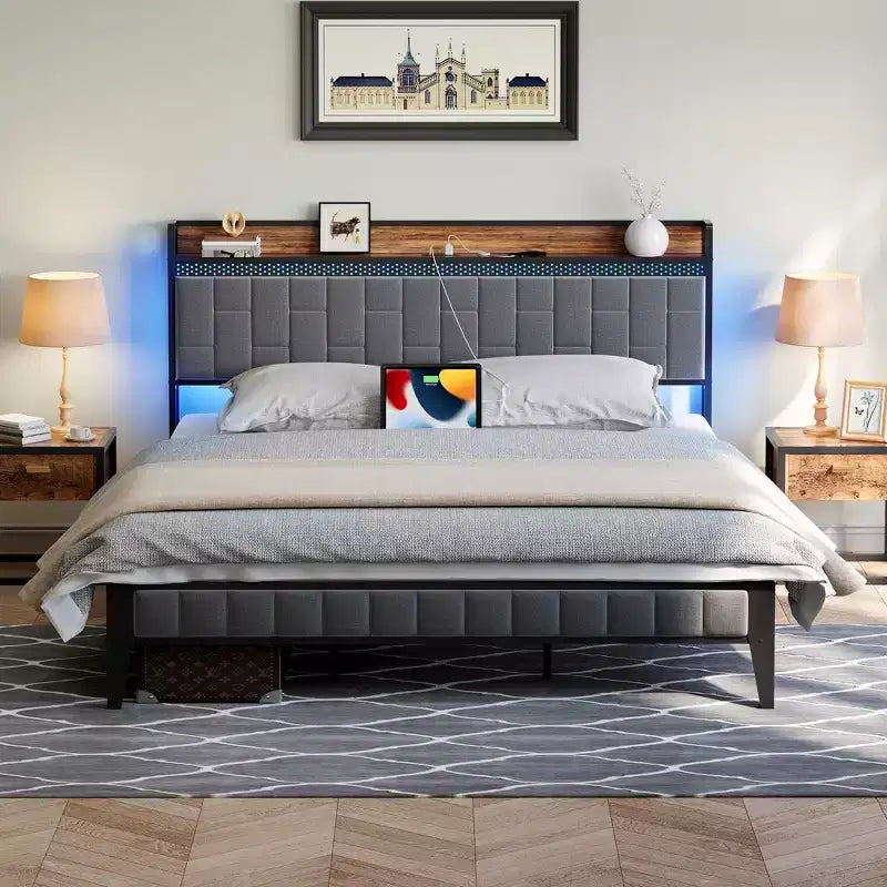 Cadre de lit avec tête de lit de rangement, cadre de lit plateforme LED avec station de recharge, pas besoin de sommier tapissier, assemblage facile, gris