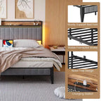 Cadre de lit avec tête de lit de rangement, cadre de lit plateforme LED avec station de recharge, pas besoin de sommier tapissier, assemblage facile, gris