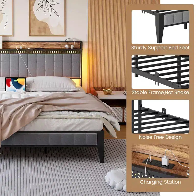 Cadre de lit avec tête de lit de rangement, cadre de lit plateforme LED avec station de recharge, pas besoin de sommier tapissier, assemblage facile, gris