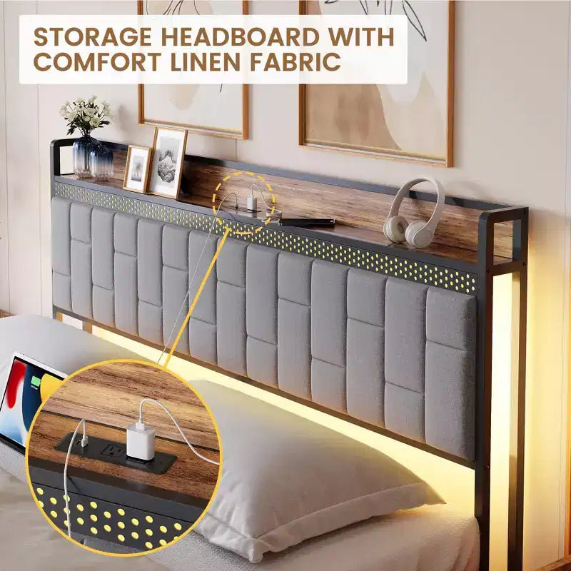 Cadre de lit avec tête de lit de rangement, cadre de lit plateforme LED avec station de recharge, pas besoin de sommier tapissier, assemblage facile, gris