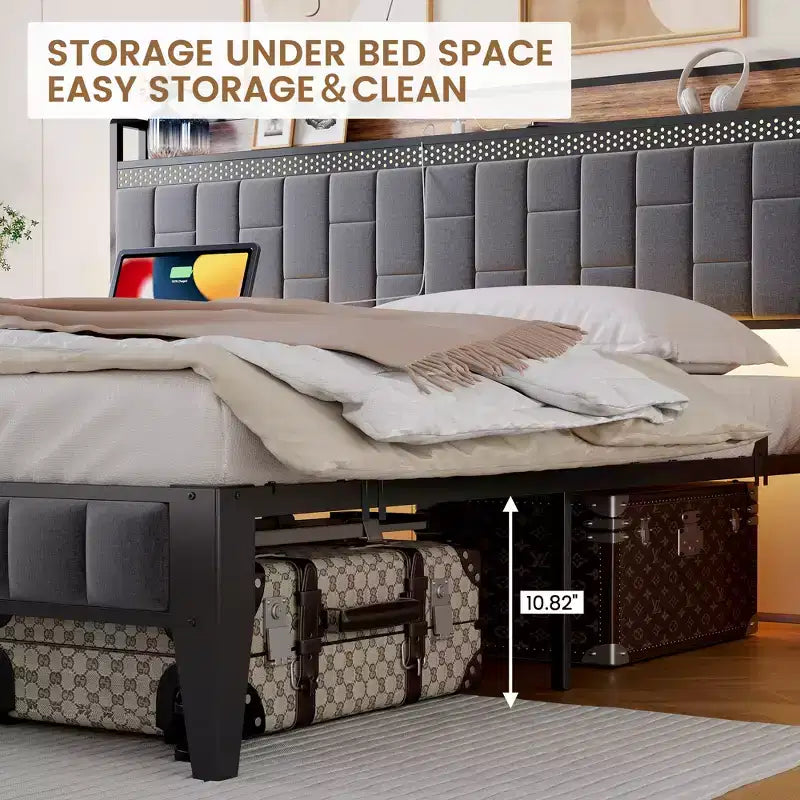 Cadre de lit avec tête de lit de rangement, cadre de lit plateforme LED avec station de recharge, pas besoin de sommier tapissier, assemblage facile, gris