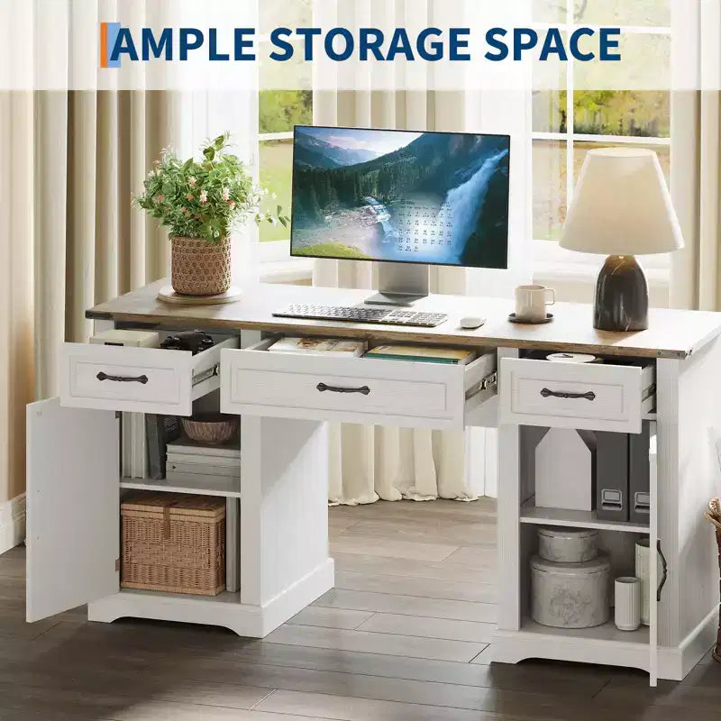 Bureau de 60 pouces avec tiroirs, bureau d'ordinateur de style ferme avec armoires de rangement, postes de travail en bois pour la maison, le bureau et l'étude