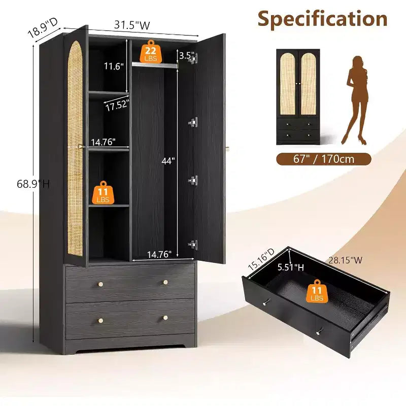 Penderie avec portes, Penderie armoire en rotin avec tiroirs et tringle à vêtements, Armoire avec étagères, Penderie en bois