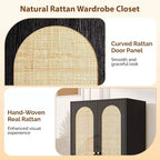 Penderie avec portes, Penderie armoire en rotin avec tiroirs et tringle à vêtements, Armoire avec étagères, Penderie en bois