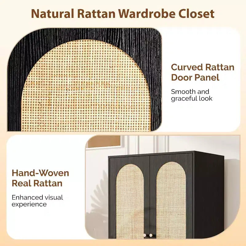 Penderie avec portes, Penderie armoire en rotin avec tiroirs et tringle à vêtements, Armoire avec étagères, Penderie en bois