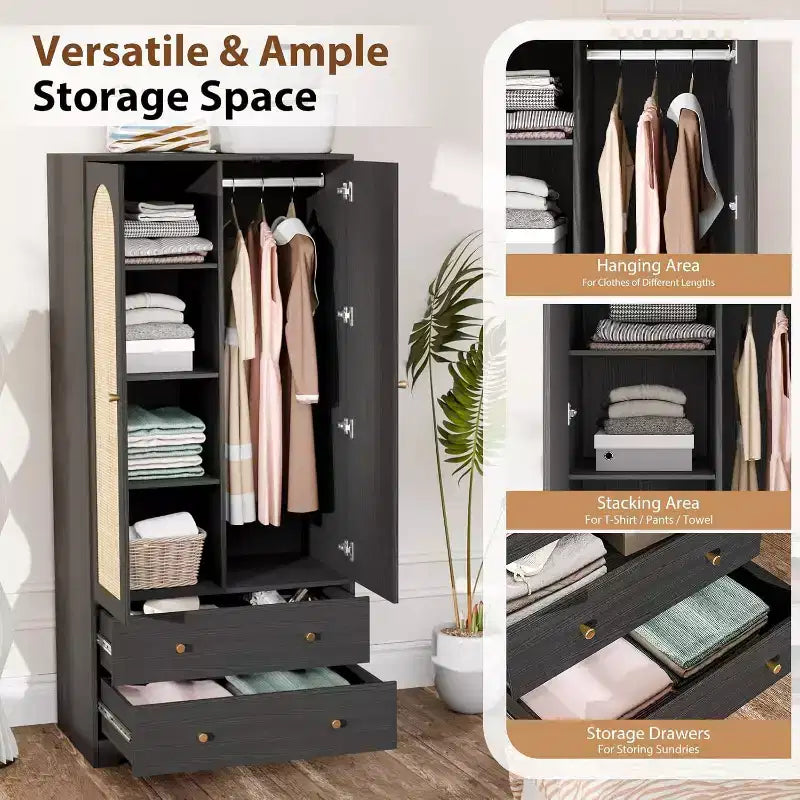 Penderie avec portes, Penderie armoire en rotin avec tiroirs et tringle à vêtements, Armoire avec étagères, Penderie en bois