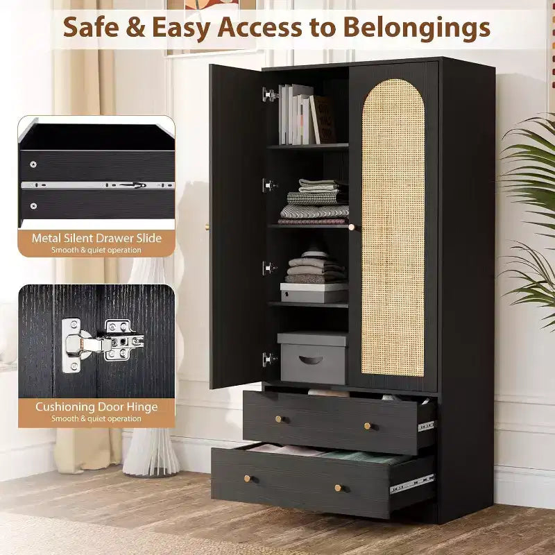 Penderie avec portes, Penderie armoire en rotin avec tiroirs et tringle à vêtements, Armoire avec étagères, Penderie en bois