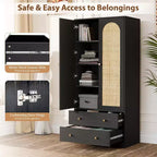 Penderie avec portes, Penderie armoire en rotin avec tiroirs et tringle à vêtements, Armoire avec étagères, Penderie en bois