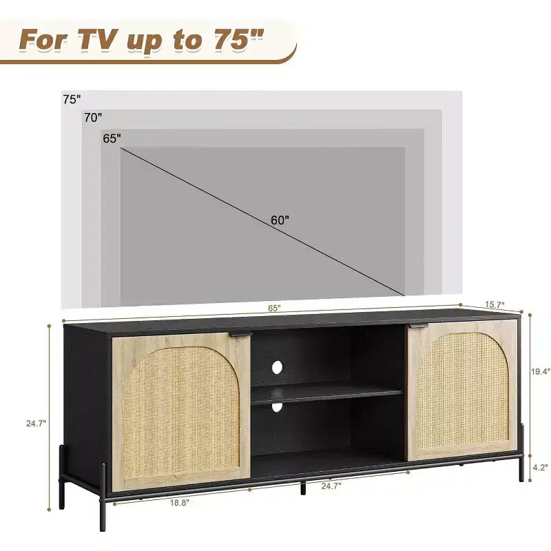 Meuble TV 65 pouces, meuble TV en rotin avec 2 portes et étagères ouvertes pour TV de 60 à 75 pouces