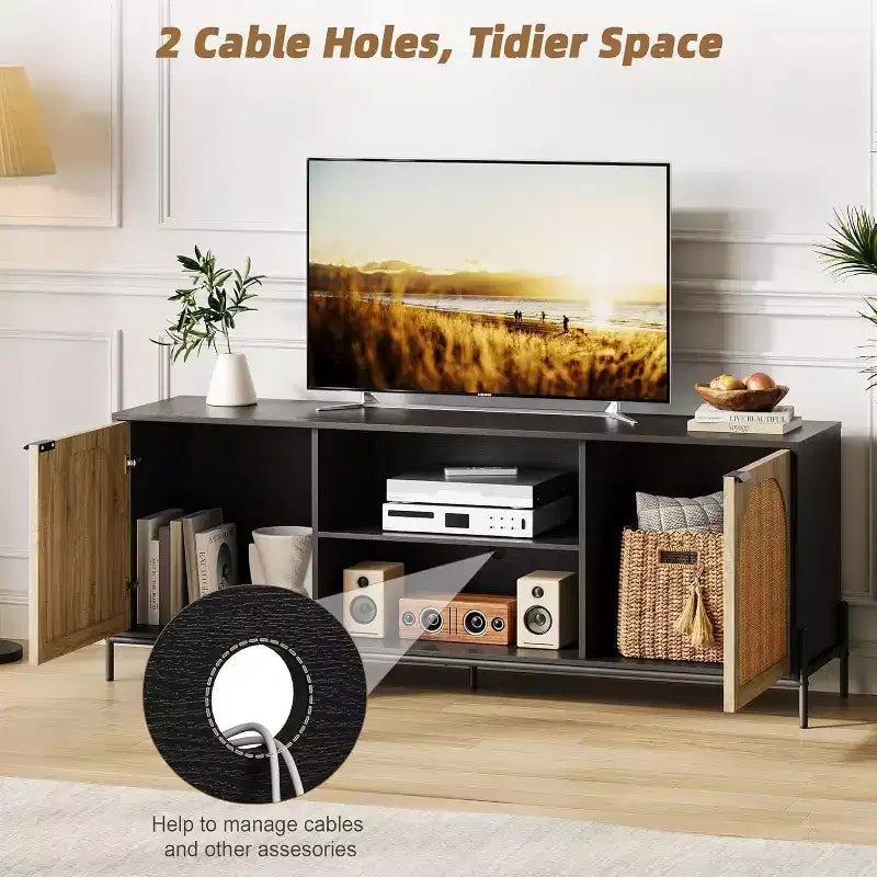 Meuble TV 65 pouces, meuble TV en rotin avec 2 portes et étagères ouvertes pour TV de 60 à 75 pouces