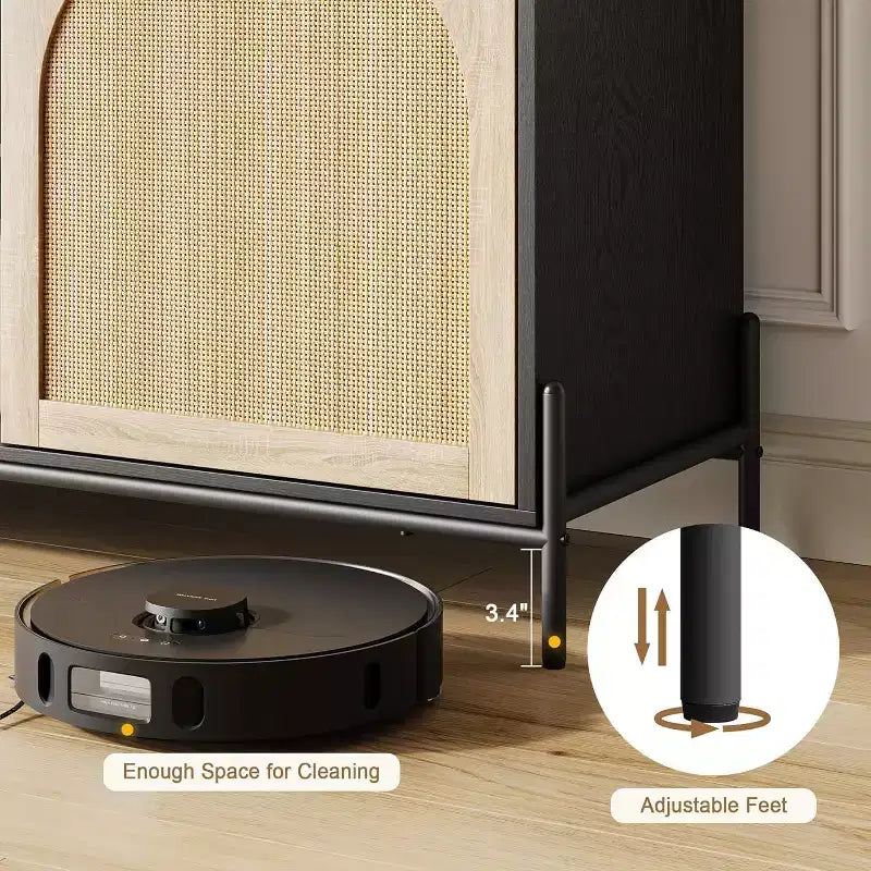 Meuble TV 65 pouces, meuble TV en rotin avec 2 portes et étagères ouvertes pour TV de 60 à 75 pouces
