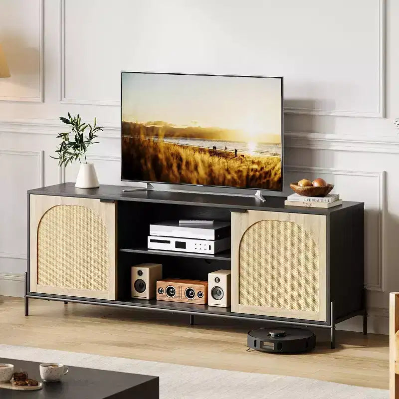 Meuble TV 65 pouces, meuble TV en rotin avec 2 portes et étagères ouvertes pour TV de 60 à 75 pouces