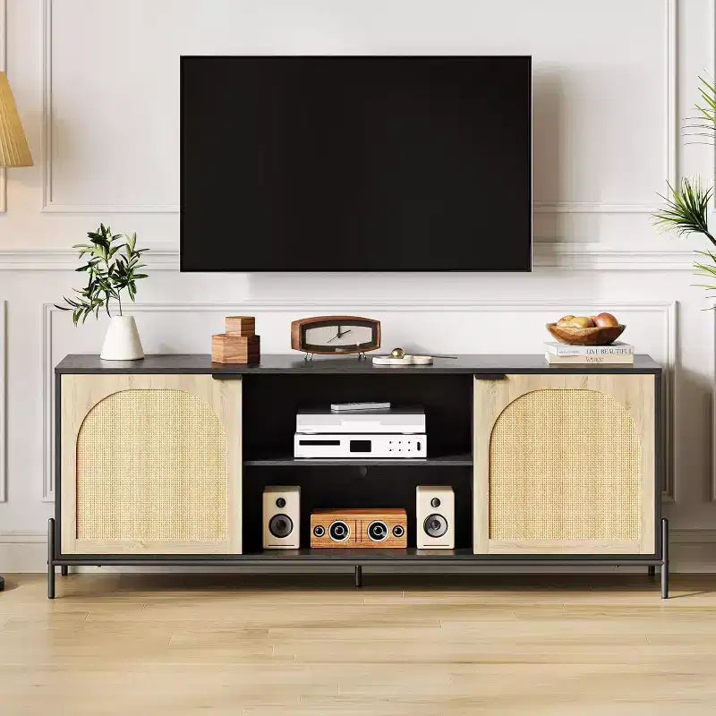 Meuble TV 65 pouces, meuble TV en rotin avec 2 portes et étagères ouvertes pour TV de 60 à 75 pouces