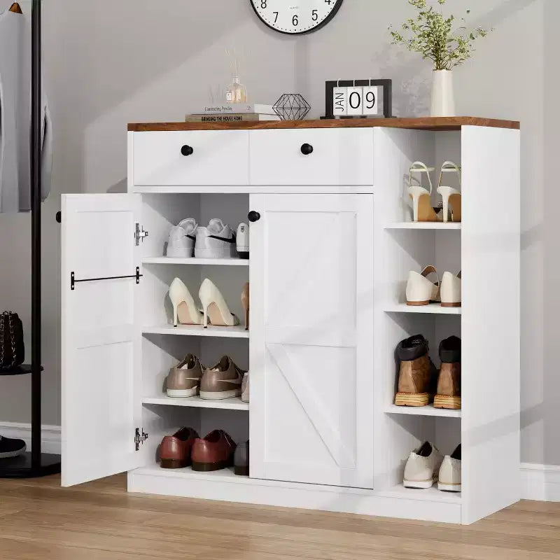 Meuble à chaussures avec portes et tiroirs, meuble à chaussures haut de 106,7 cm avec 3 étagères réglables, meuble de rangement à chaussures à 4 niveaux