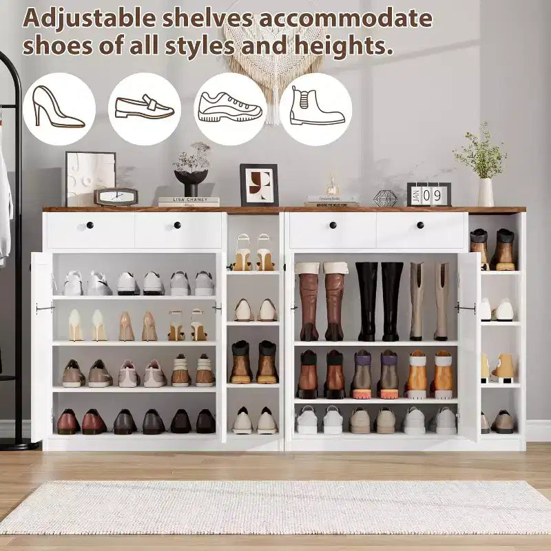 Meuble à chaussures avec portes et tiroirs, meuble à chaussures haut de 106,7 cm avec 3 étagères réglables, meuble de rangement à chaussures à 4 niveaux