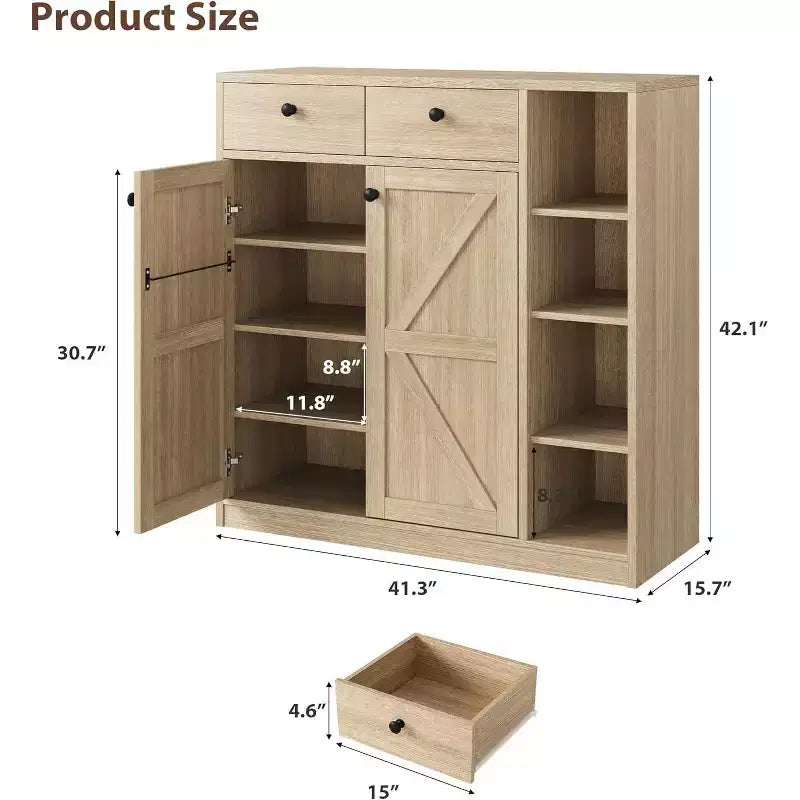 Meuble à chaussures avec portes et tiroirs, meuble à chaussures haut de 106,7 cm avec 3 étagères réglables, meuble de rangement à chaussures à 4 niveaux