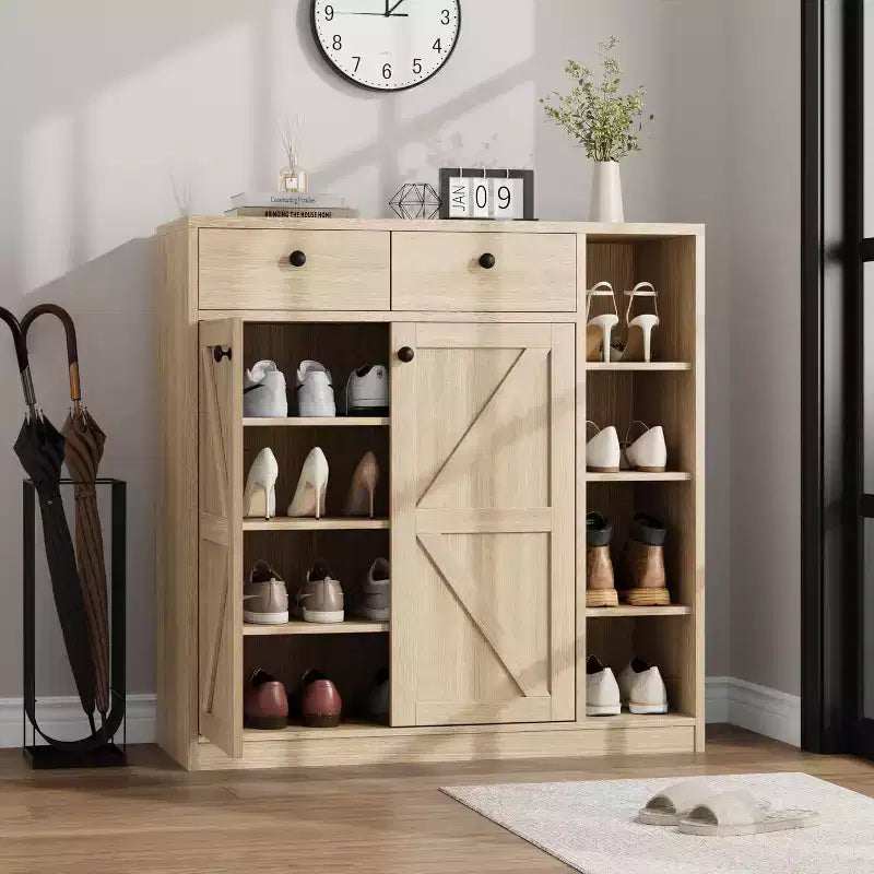 Meuble à chaussures avec portes et tiroirs, meuble à chaussures haut de 106,7 cm avec 3 étagères réglables, meuble de rangement à chaussures à 4 niveaux