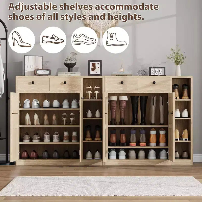 Meuble à chaussures avec portes et tiroirs, meuble à chaussures haut de 106,7 cm avec 3 étagères réglables, meuble de rangement à chaussures à 4 niveaux