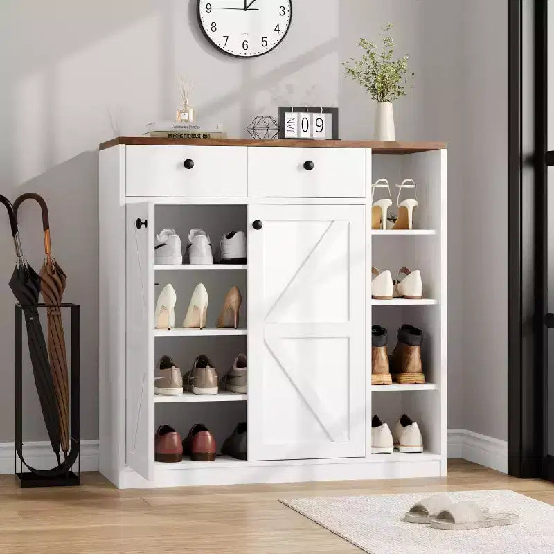 Meuble à chaussures avec portes et tiroirs, meuble à chaussures haut de 106,7 cm avec 3 étagères réglables, meuble de rangement à chaussures à 4 niveaux