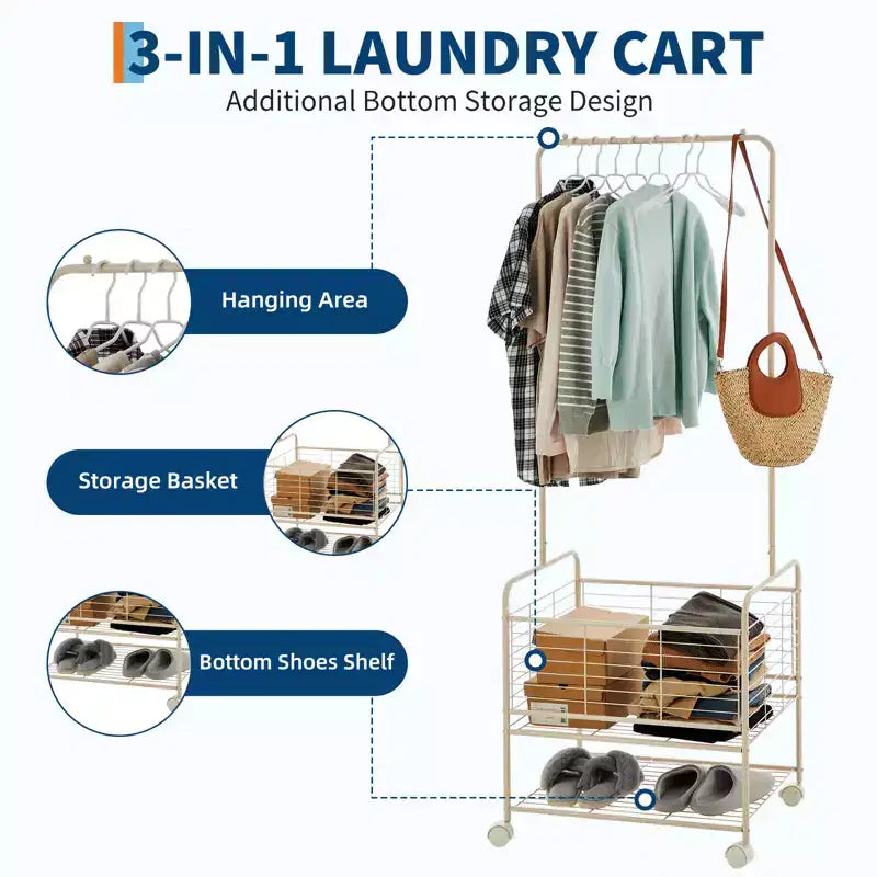 Chariot à linge métallique avec tringle à vêtements et étagères de rangement | Panier à linge roulant 3-en-1 avec roulettes