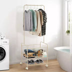Chariot à linge métallique avec tringle à vêtements et étagères de rangement | Panier à linge roulant 3-en-1 avec roulettes