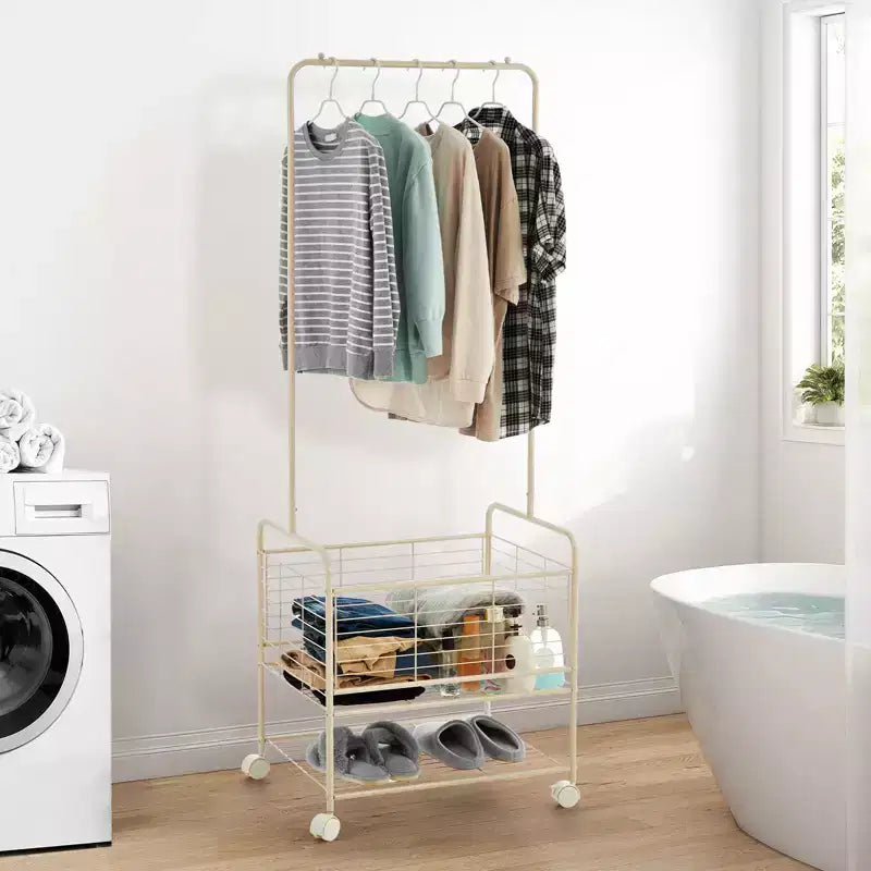 Chariot à linge métallique avec tringle à vêtements et étagères de rangement | Panier à linge roulant 3-en-1 avec roulettes