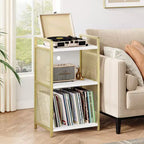 Meuble pour platine vinyle avec rangement, Meuble pour platine en bois avec côté en maille dorée, Table d'appoint à 3 niveaux pour platine vinyle