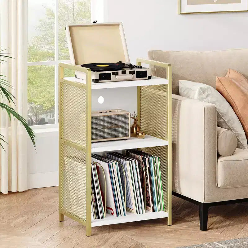 Meuble pour platine vinyle avec rangement, Meuble pour platine en bois avec côté en maille dorée, Table d'appoint à 3 niveaux pour platine vinyle