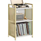 Meuble pour platine vinyle avec rangement, Meuble pour platine en bois avec côté en maille dorée, Table d'appoint à 3 niveaux pour platine vinyle