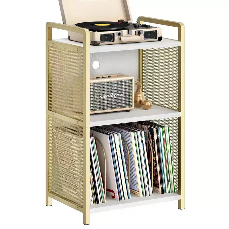 Meuble pour platine vinyle avec rangement, Meuble pour platine en bois avec côté en maille dorée, Table d'appoint à 3 niveaux pour platine vinyle
