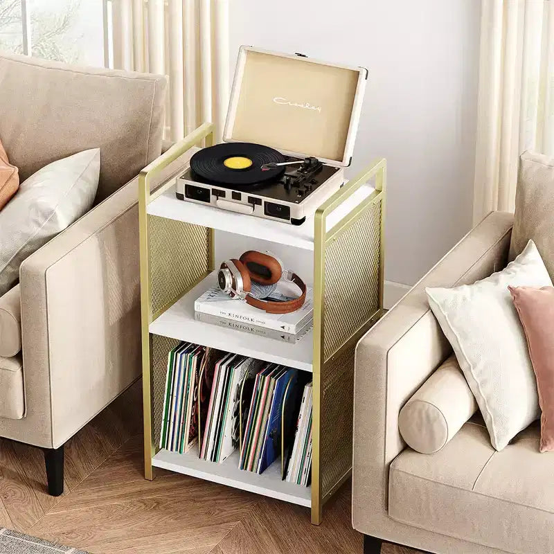 Meuble pour platine vinyle avec rangement, Meuble pour platine en bois avec côté en maille dorée, Table d'appoint à 3 niveaux pour platine vinyle