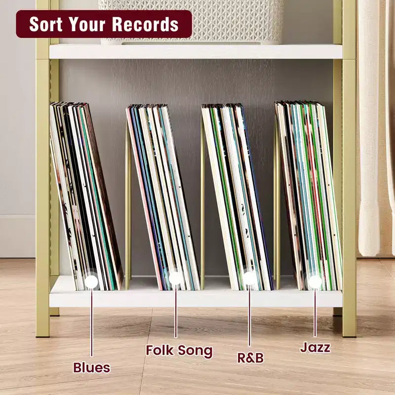 Meuble pour platine vinyle avec rangement, Meuble pour platine en bois avec côté en maille dorée, Table d'appoint à 3 niveaux pour platine vinyle