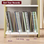 Meuble pour platine vinyle avec rangement, Meuble pour platine en bois avec côté en maille dorée, Table d'appoint à 3 niveaux pour platine vinyle