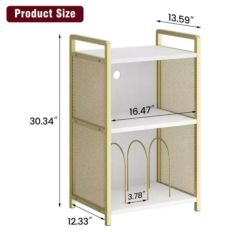Meuble pour platine vinyle avec rangement, Meuble pour platine en bois avec côté en maille dorée, Table d'appoint à 3 niveaux pour platine vinyle