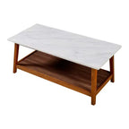 Table basse avec plateau en faux marbre et étagère de rangement, noyer