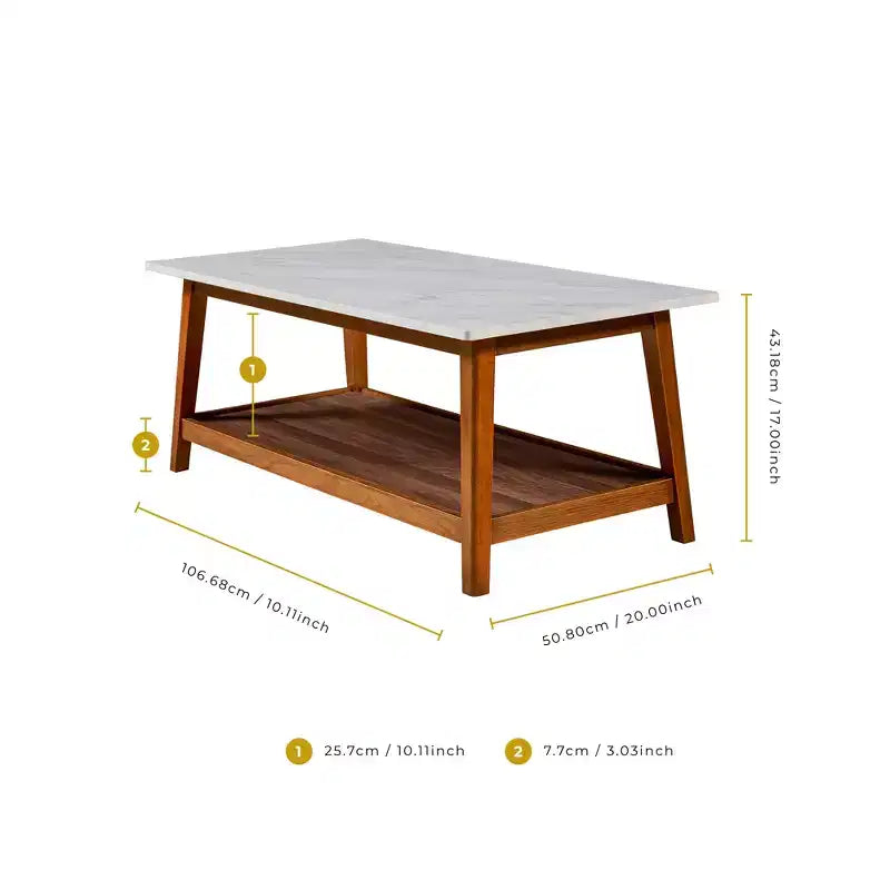 Table basse avec plateau en faux marbre et étagère de rangement, noyer