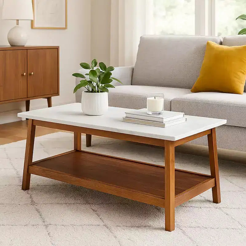 Table basse avec plateau en faux marbre et étagère de rangement, noyer